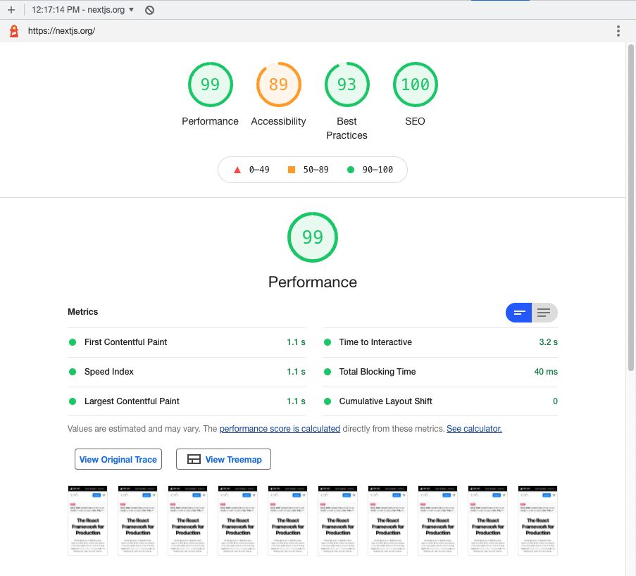 nextjs.org Lighthouse Score for Mobile: 99 on Performance, 89 on Accessibility, 93 on Best Practices, 100 on SEO