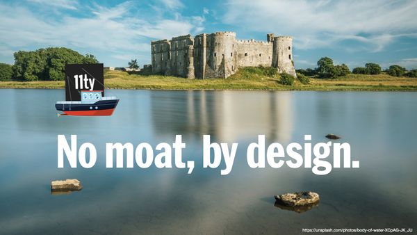 No moat, by design. The 11ty logo sits in a boat in front of a castle