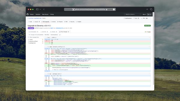 A GitHub screenshot showing a simple upgrade to Eleventy v3 (keeping CommonJS) +6/-4