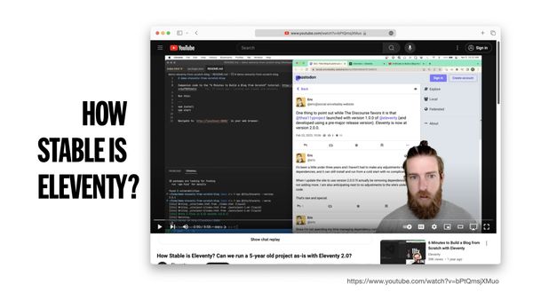 A photo of a YouTube Video reads How Stable is Eleventy?