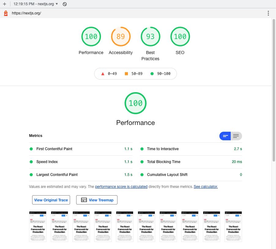 nextjs.org Lighthouse Score for Mobile: 100 on Performance, 89 on Accessibility, 93 on Best Practices, 100 on SEO