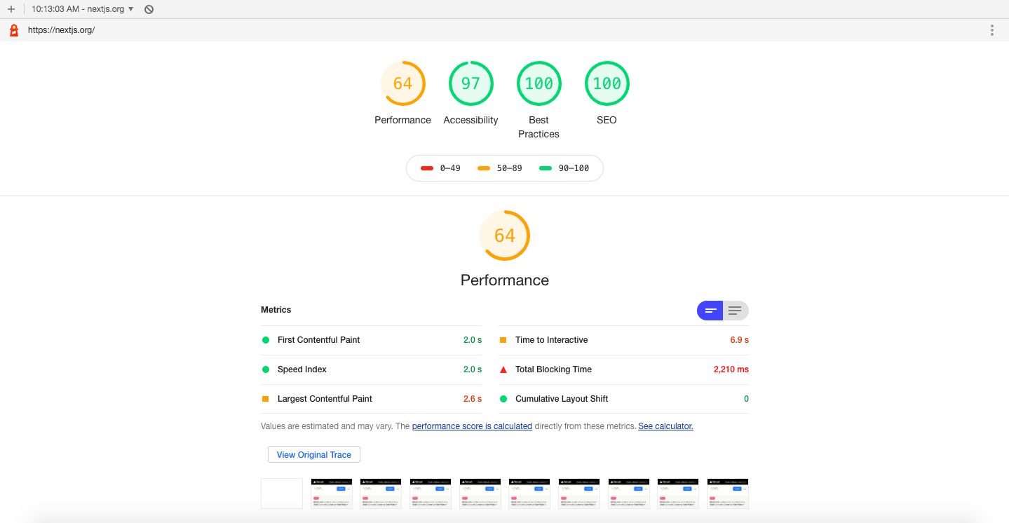 nextjs.org Lighthouse Score for Mobile on Old Hardware: 64 on Performance, 97 on Accessibility, 100 on Best Practices, 100 on SEO