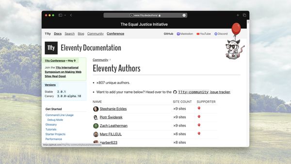 Screenshot of the Authors page on 11ty.dev