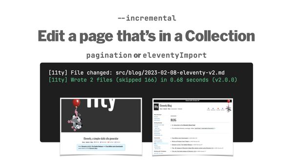 Terminal showing an incremental build, editing a page in a collection: src/blog/2023-02-08-eleventy-v2.md, Wrote 2 files (skipped 166) in 0.68 seconds