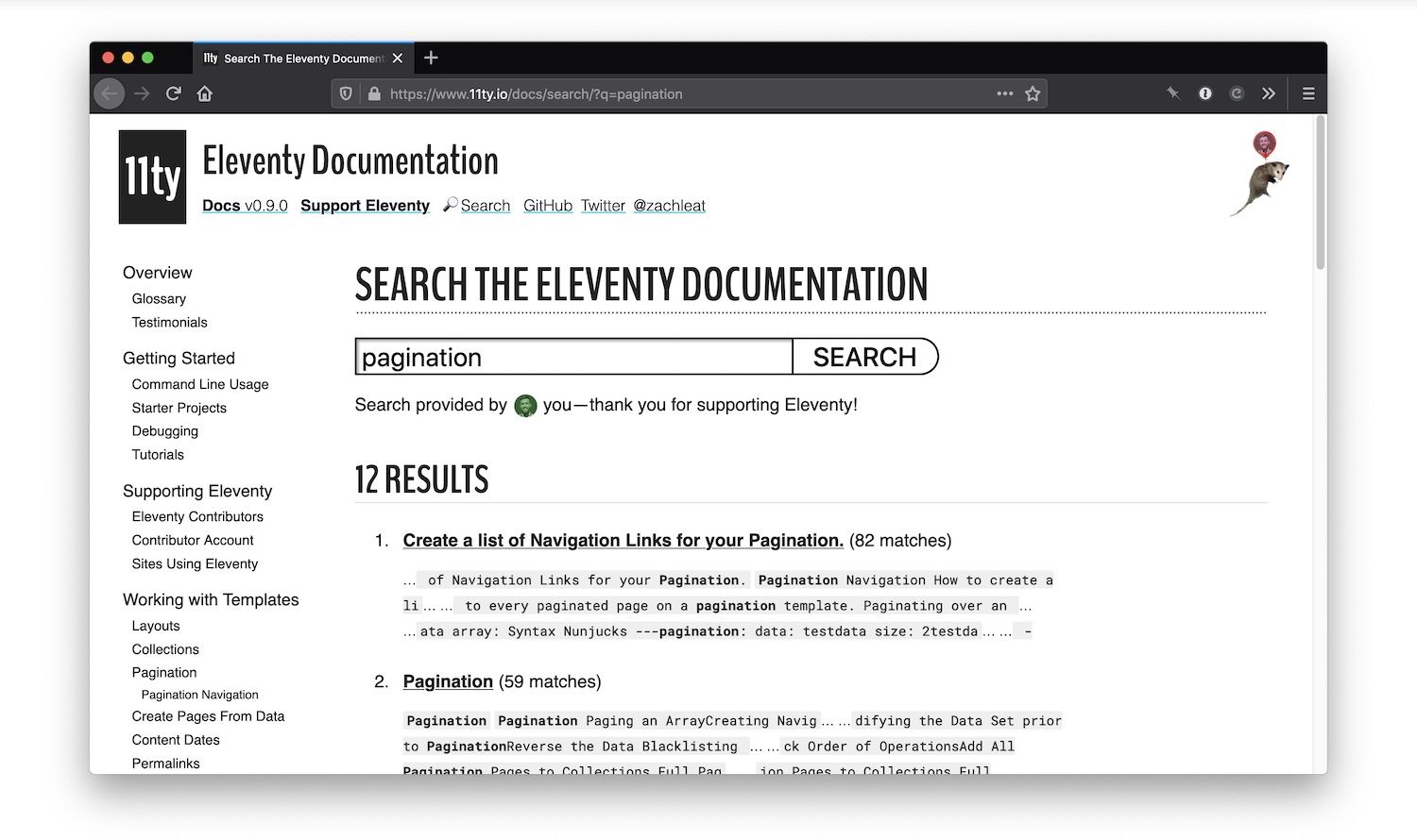 Eleventy Contributor Account search for Pagination