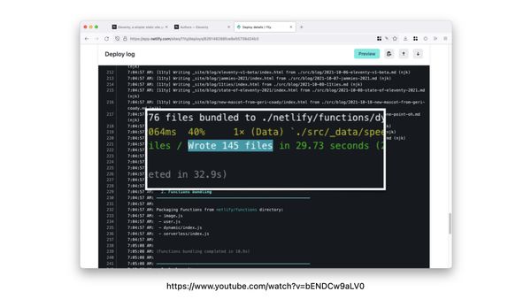 Screenshot of a Netlify Deploy log for the new 1.x Eleventy docs: 145 files in 29.73 seconds