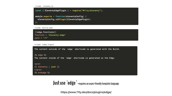 Installation instructions for Eleventy Edge, add to .eleventy.js, netlify.toml, and a content file at index.liquid