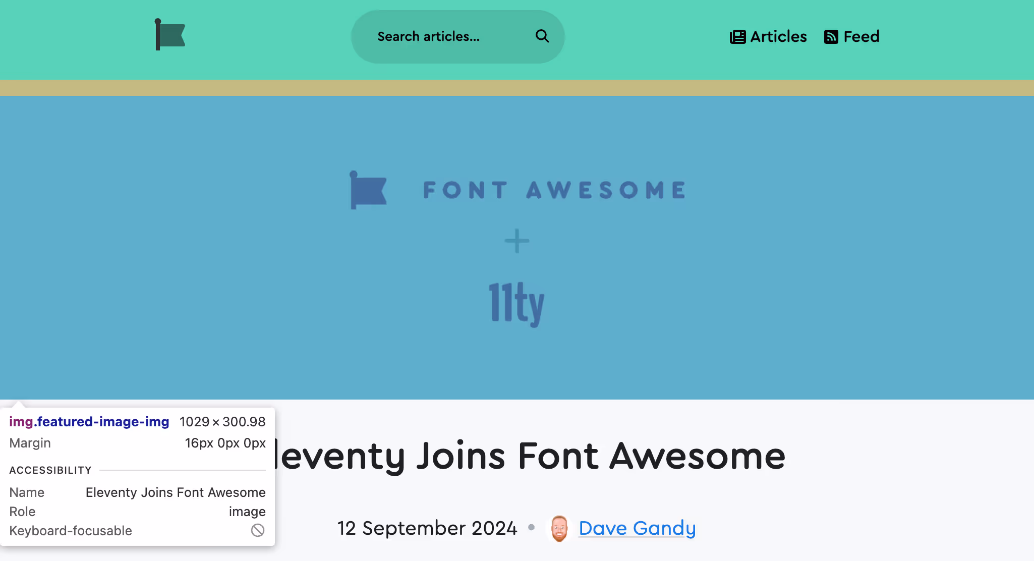 Screenshot of the new blog.fontawesome.com with a featured image that says Font Awesome + 11ty