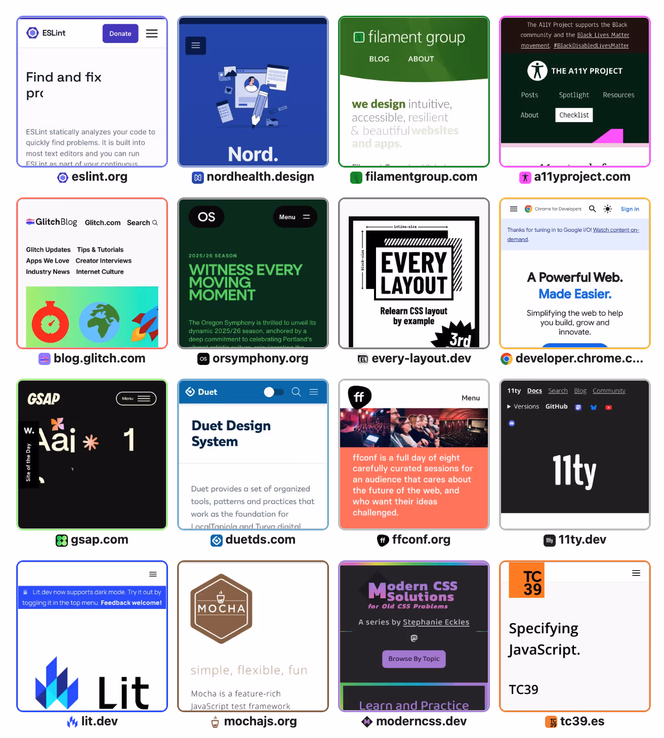 A 4×4 matrix of small screenshots of the Built With Eleventy section on the 11ty.dev home page. Each screenshot has a border color that matches the favicon image
