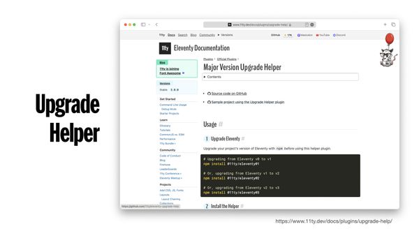 Upgrade Helper, Eleventy has a major version upgrade helper plugin