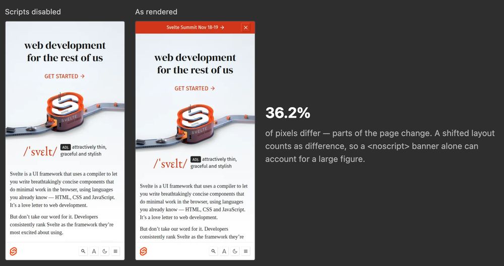 With and without JavaScript, the right panel has an announcement bar and the content has shifted down