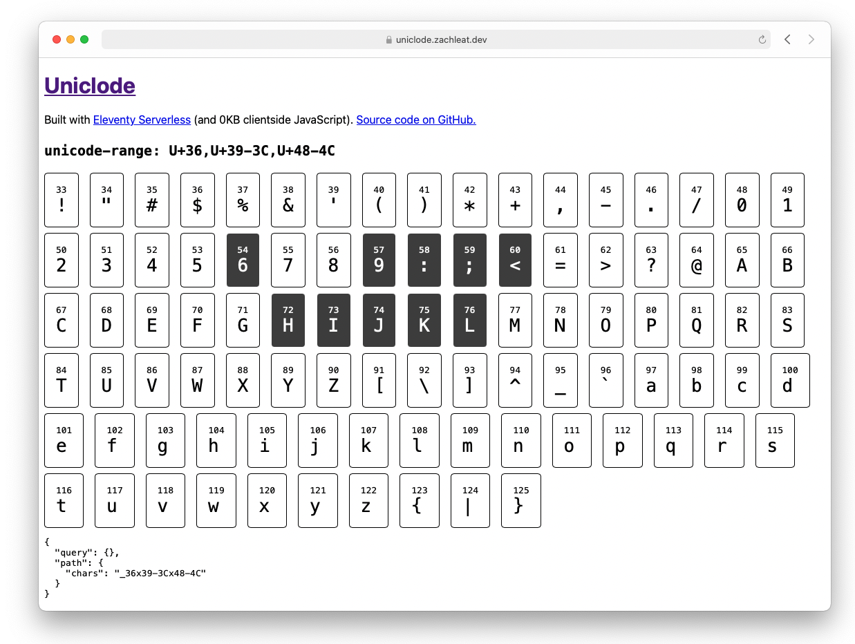 A screenshot of uniclode.zachleat.dev
